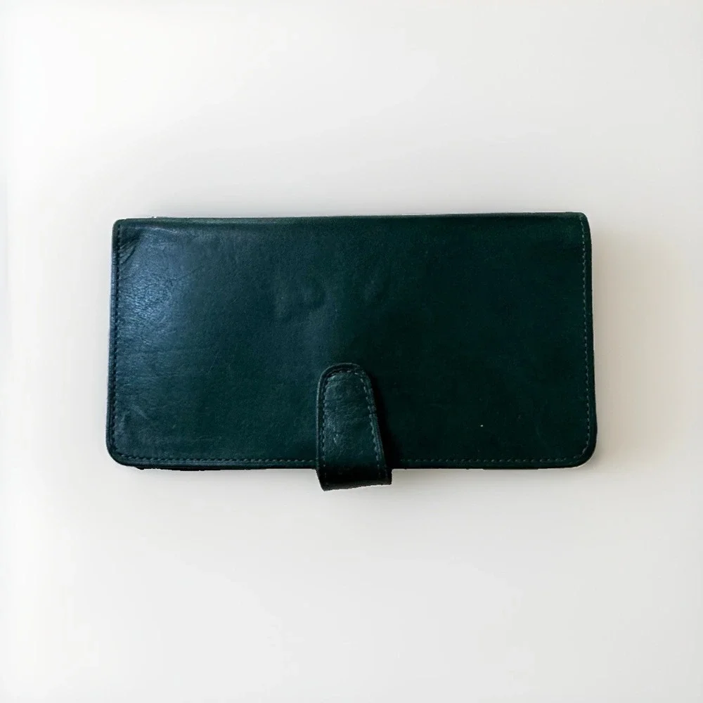 Vintage Coach Green Bifold checkbook Wallet Solid Logo with ID Window slots